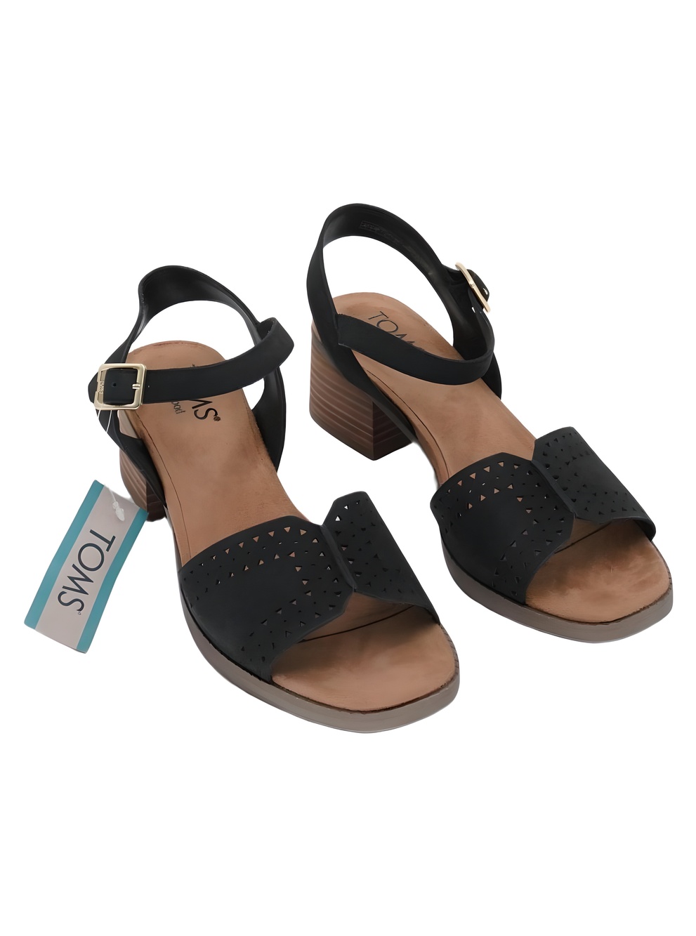 TOMS Eloise Black Nubuck Leather Perforated Ankle Strap 2" Block Heel Size 8M